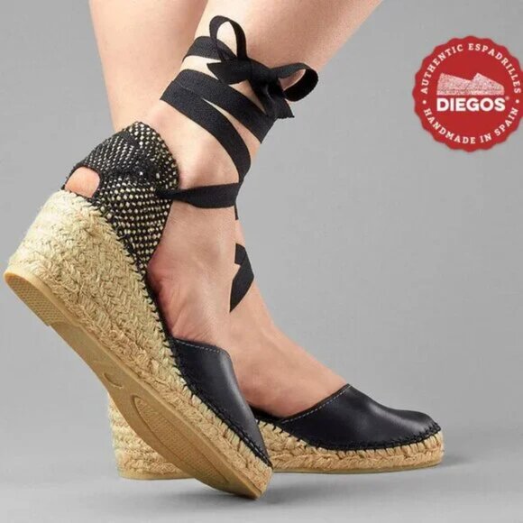 DIEGOS Lola Lace-Up Ribbons Rope Sole & Leather Handcrafted Black Espadrilles 39 - Picture 3 of 12